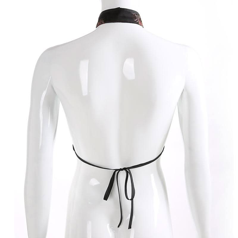 Halter backless self tie embroidery crop top