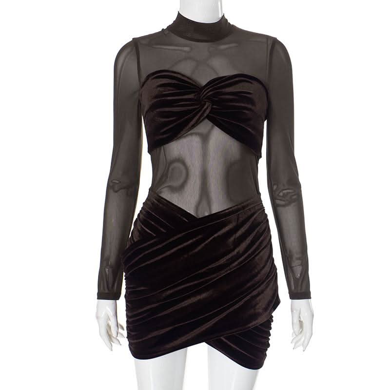 Long sleeve mesh high neck velvet ruched mini dress