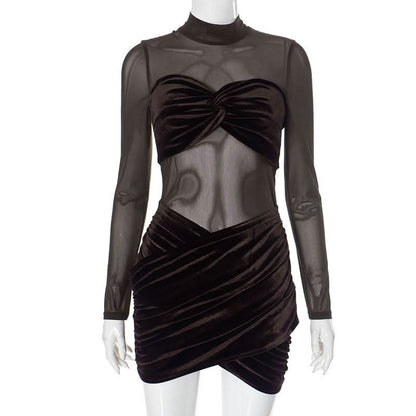 Long sleeve mesh high neck velvet ruched mini dress