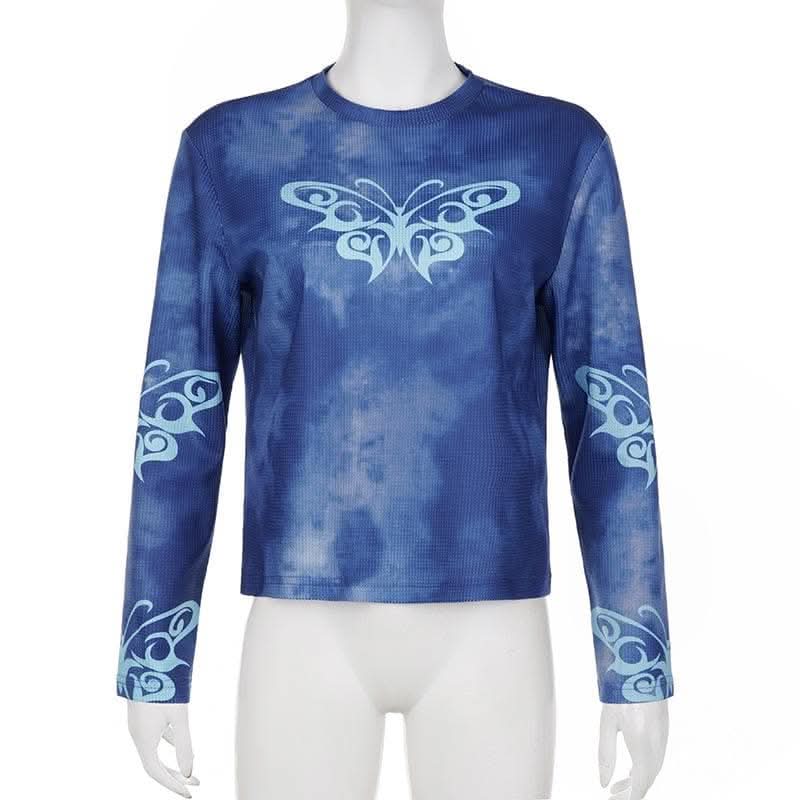 Butterfly pattern long sleeve tie dye crewneck top-final-sale