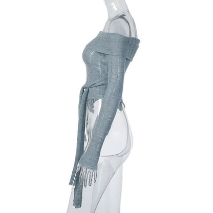 Long sleeve odd shoulder knotted knitted top