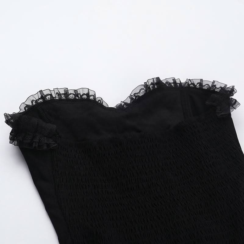Sweetheart neck lace hem ruffle button mini dress
