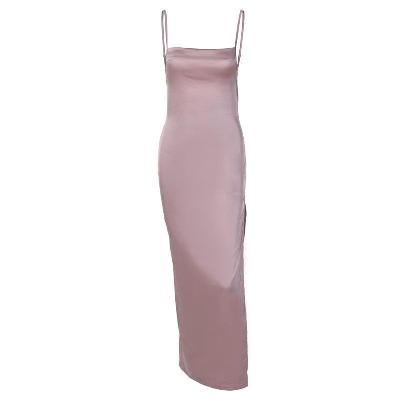 Square Neck Spaghetti Strap Side Slit Satin Midi Dress
