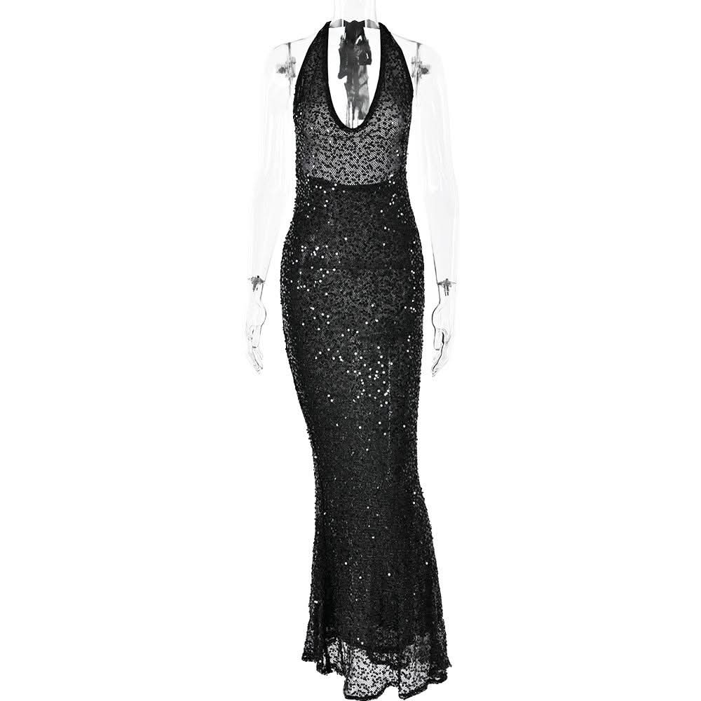 Halter self tie glitter u neck low cut backless maxi dress