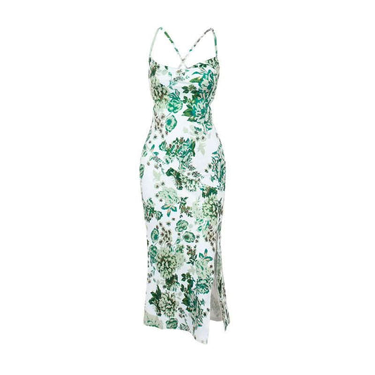 Cross back self tie u neck slit flower print midi dress