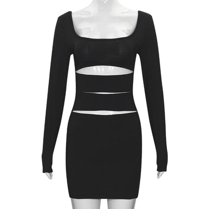 U neck long sleeve hollow out backless cut out mini dress