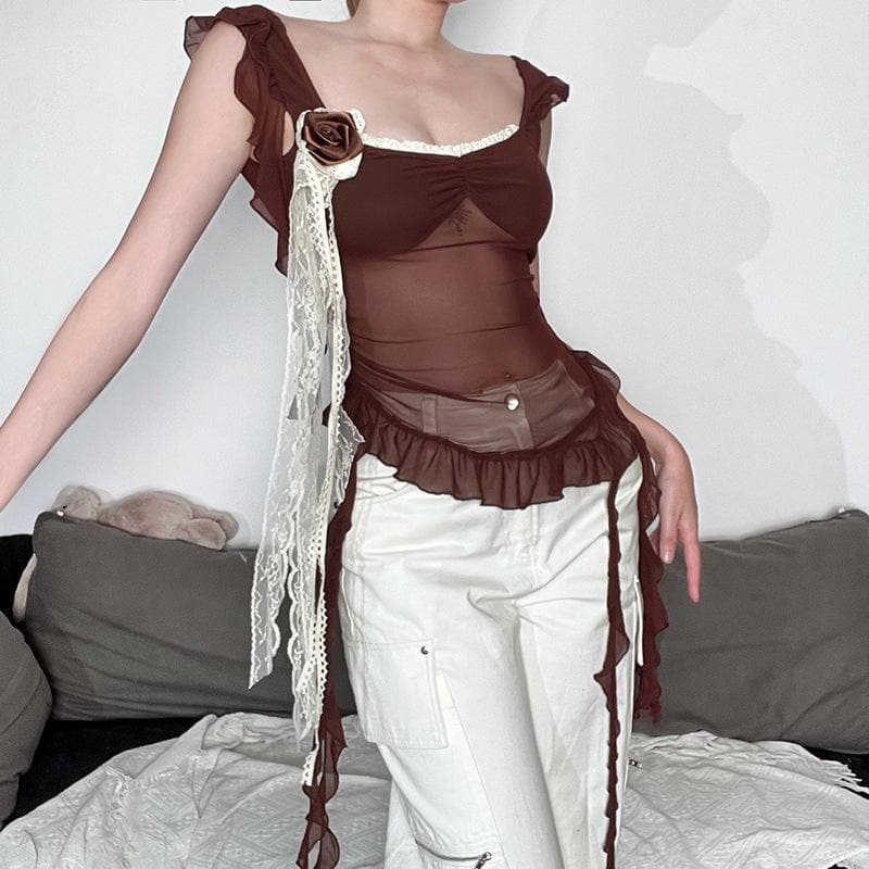 Flower applique lace hem mesh irregular cami top