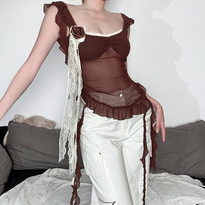 Flower applique lace hem mesh irregular cami top