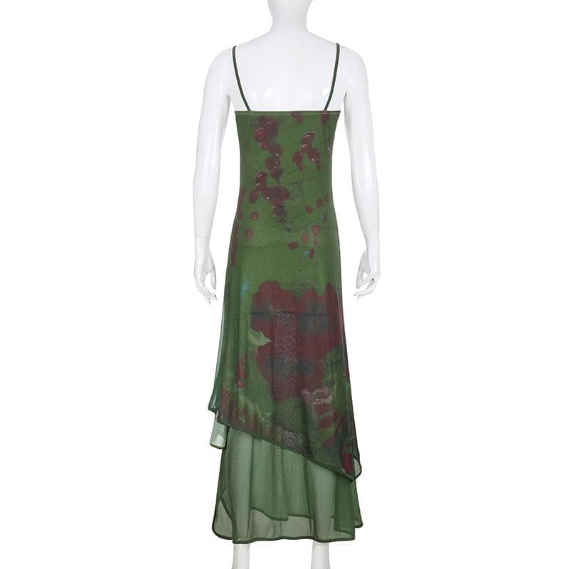 Scoop Neck Spaghetti Strap Mesh Overlay Abstract Floral Print Midi Dress
