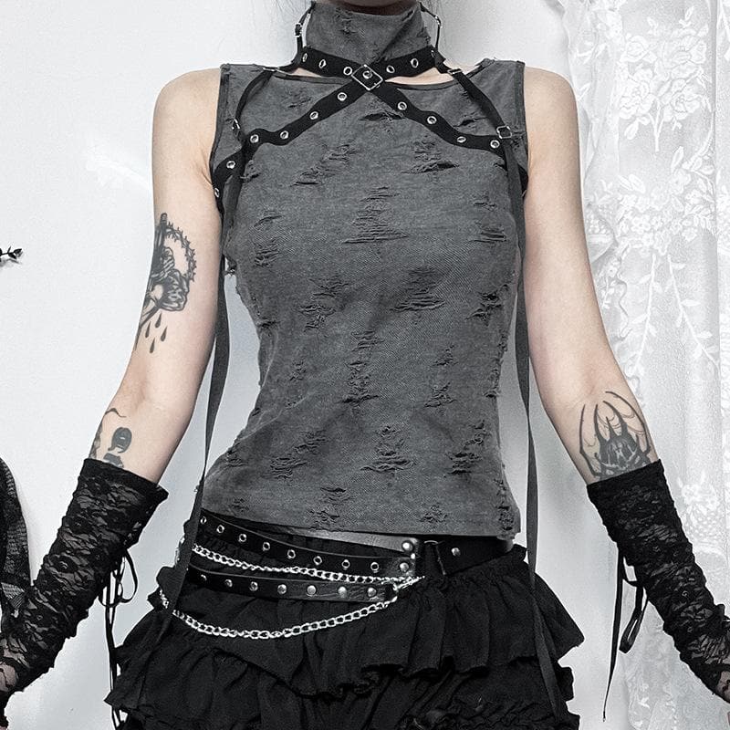 Sleeveless high neck buckle patchwork top