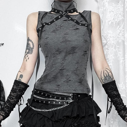 Sleeveless high neck buckle patchwork top