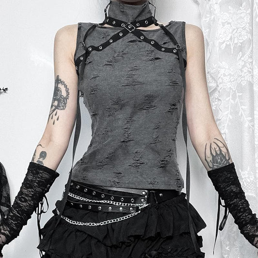 Sleeveless high neck buckle patchwork top