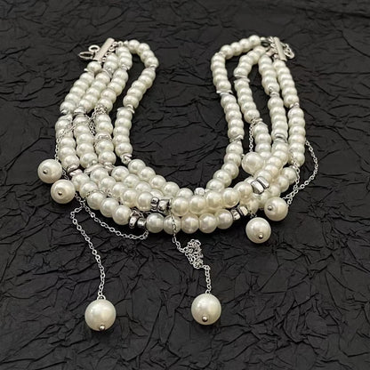White faux pearl layered choker necklace