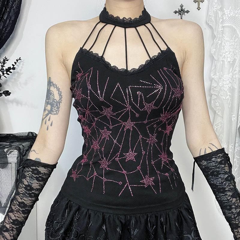 Halter beaded lace hem backless top