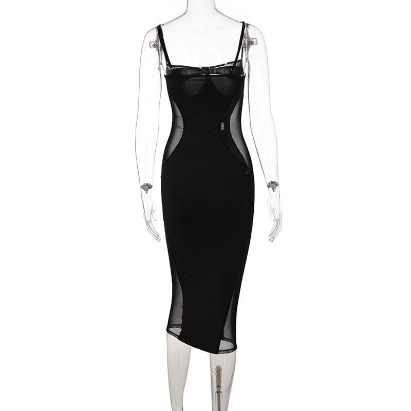 Sweetheart neck mesh patchwork cami midi dress