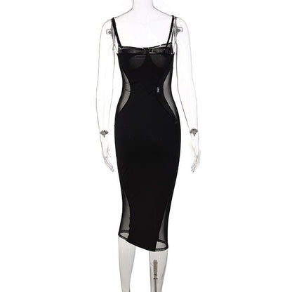 Sweetheart neck mesh patchwork cami midi dress