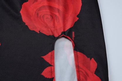 Rose print u neck slit cross back cami maxi dress