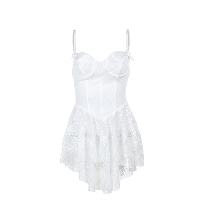 Ruffle bustier bowknot mesh lace up backless cami mini dress