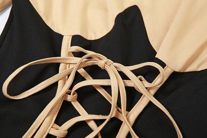 Long sleeve crewneck lace up zip-up stitch jumpsuit