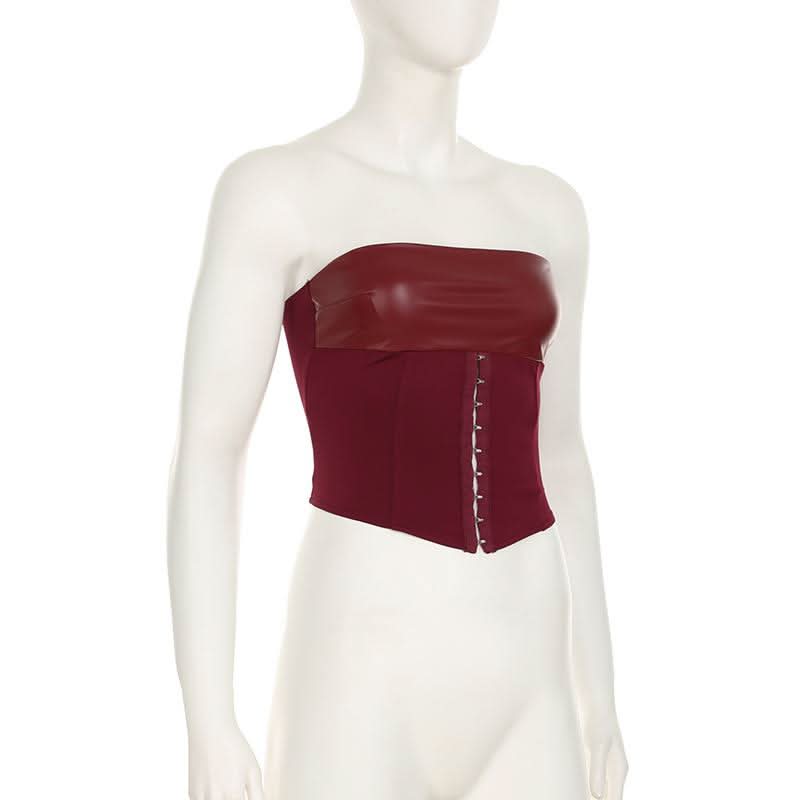 Lace up PU leather button corset solid tube top