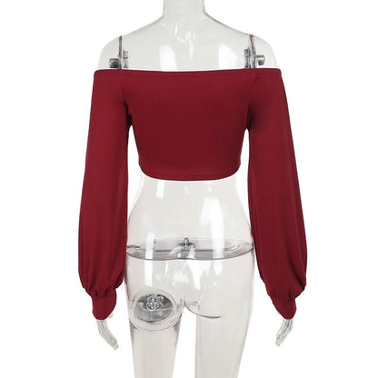 Off shoulder long sleeve ruched solid crop top