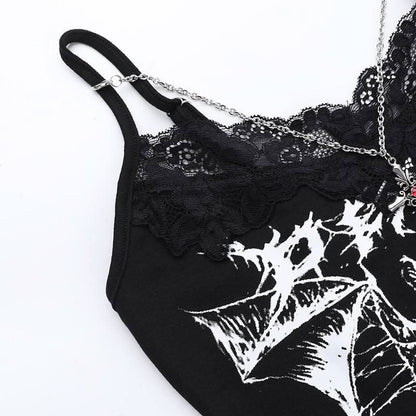 V neck abstract bat print lace hem cami top