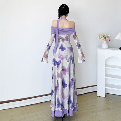 Off shoulder long flared sleeve butterfly print mesh maxi dress
