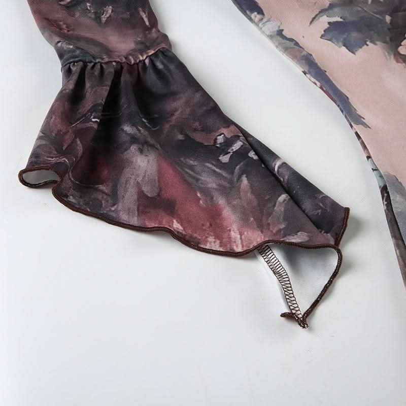 Long flared sleeve abstract print ruffle maxi dress