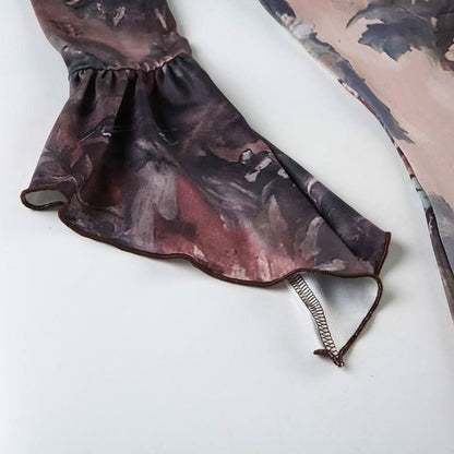 Long flared sleeve abstract print ruffle maxi dress