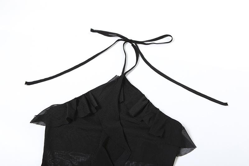 Halter sheer mesh ruffle backless mini dress