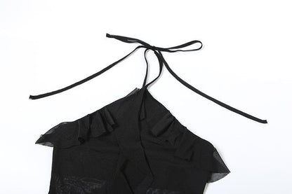 Halter sheer mesh ruffle backless mini dress
