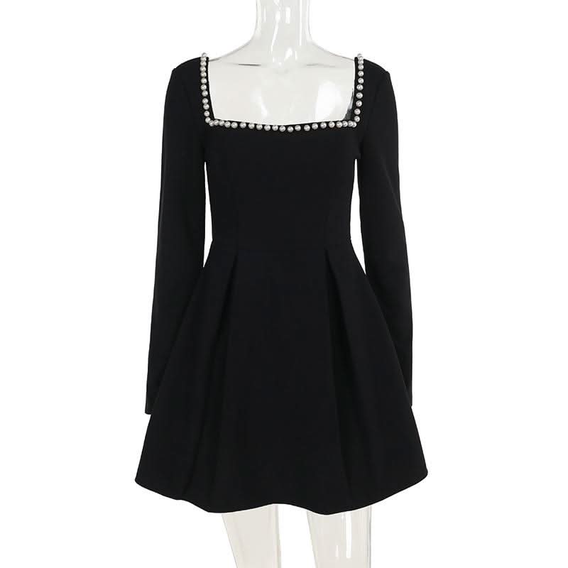 Square neck long sleeve beaded mini dress