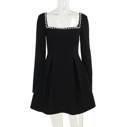 Square neck long sleeve beaded mini dress