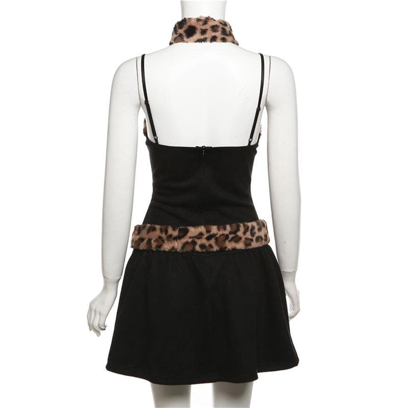 Fluffy leopard print patchwork button zip-up cami mini dress