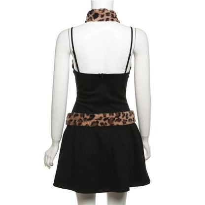 Fluffy leopard print patchwork button zip-up cami mini dress