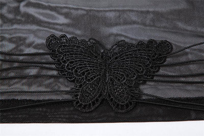 Sheer mesh butterfly applique see through backless solid top