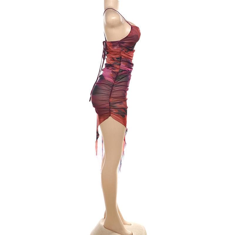 Sheer mesh cross back ruched print irregular cami midi dress