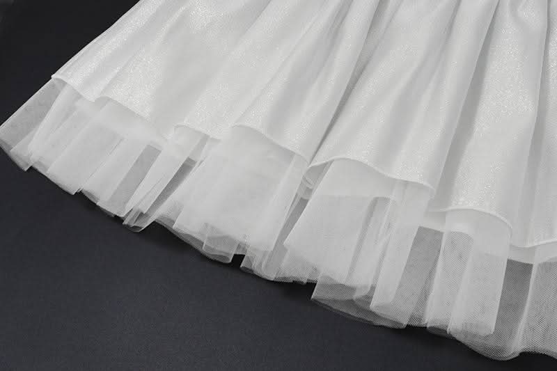 Off shoulder glitter mesh ruffle mini dress