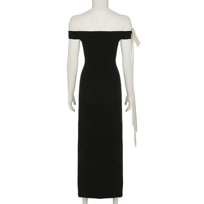 Bowknot off shoulder irregular contrast maxi dress