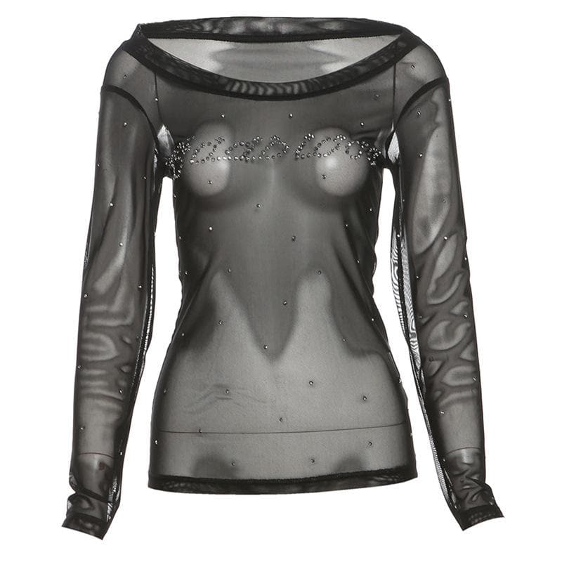 Off shoulder long sleeve beaded sheer mesh solid top