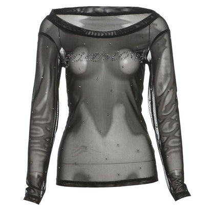 Off shoulder long sleeve beaded sheer mesh solid top
