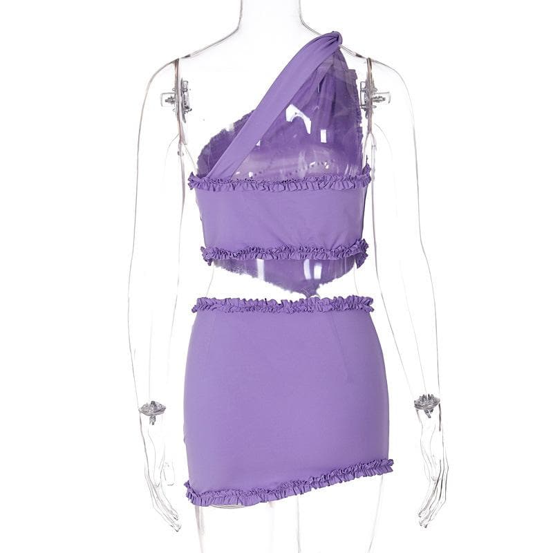 Sleeveless one shoulder ruffle beaded mini skirt set