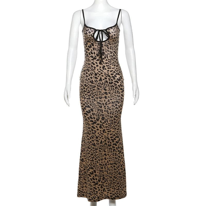 Leopard print hollow out backless cami cut out maxi dress