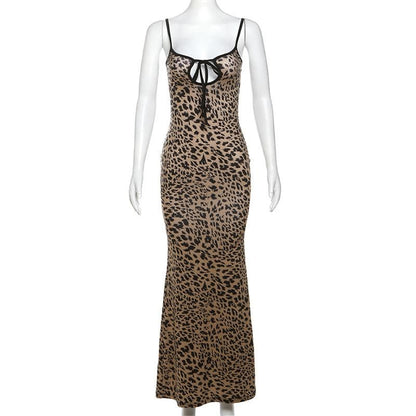 Leopard print hollow out backless cami cut out maxi dress