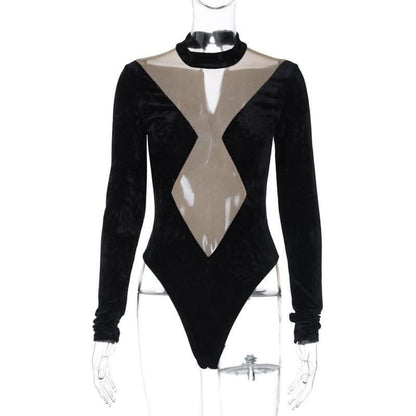 Long sleeve velvet high neck mesh patchwork button bodysuit-final-sale