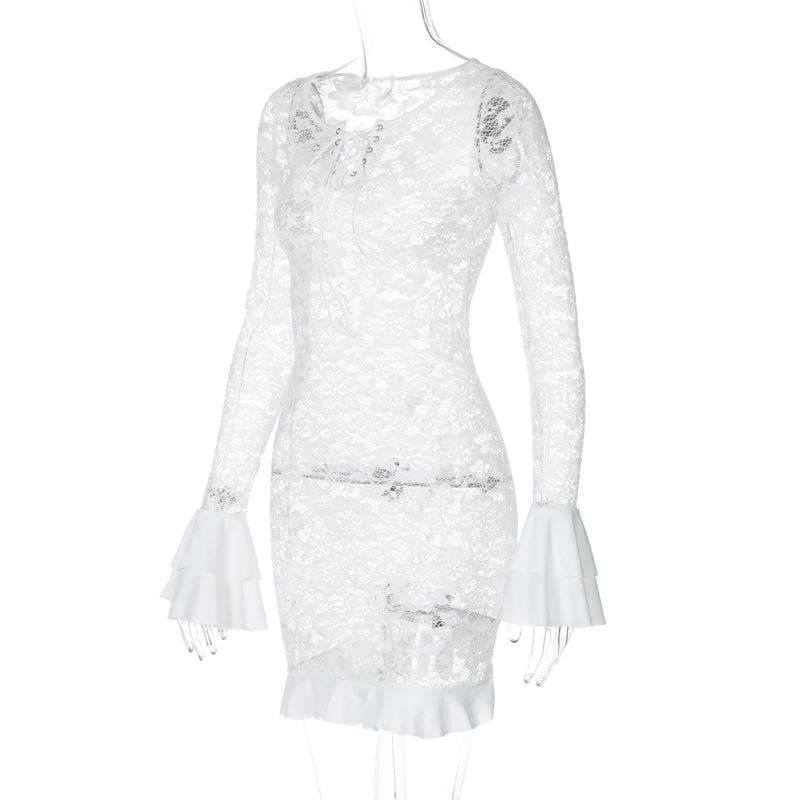 Long flared sleeve lace see through lace up mini dress