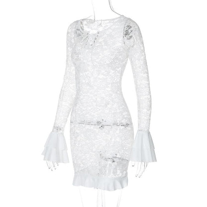 Long flared sleeve lace see through lace up mini dress