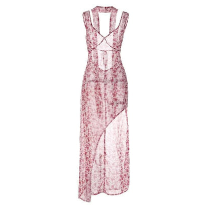 Chiffon flower print contrast backless v neck sleeveless maxi dress-final-sale