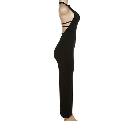Halter backless slit solid sleeveless hollow out cut out maxi dress
