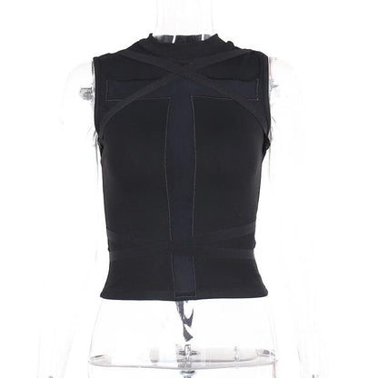Crewneck patchwork cross front cross pattern tank top